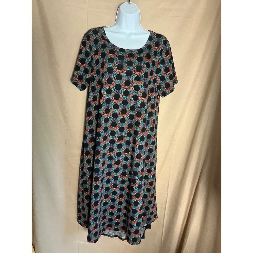 LuLaRoe Carly Dress Women Medium Black Teal Geometric Swing Excellent Pocket